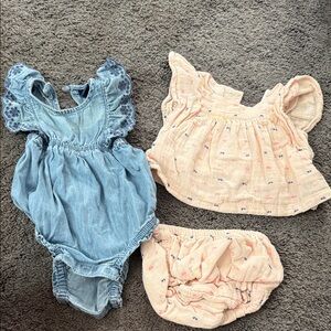 GAP Baby Girls Blue Denim Romper with Peach Muslin Top & Bloomers